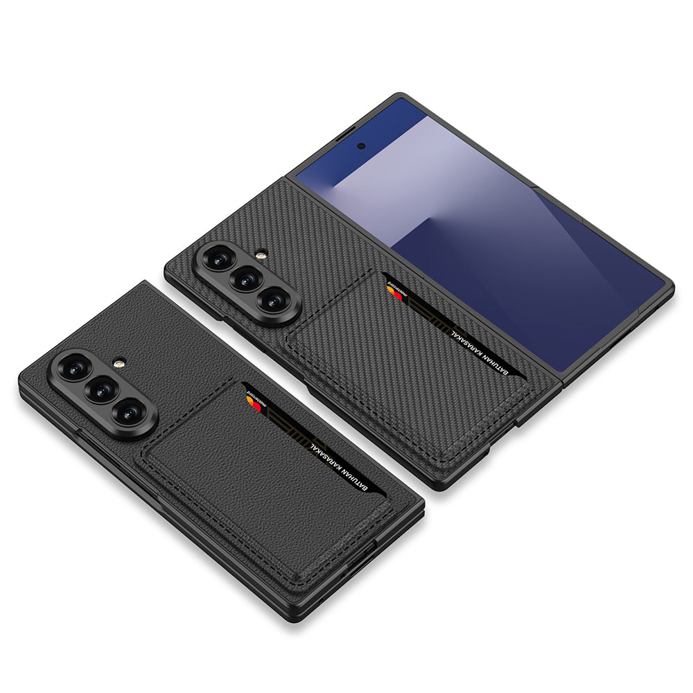 Galaxy Z Fold 7 Suni Deri Arka Yüzey Zore Kartlıklı Kıpta Silikon Kapak Siyah Karbon