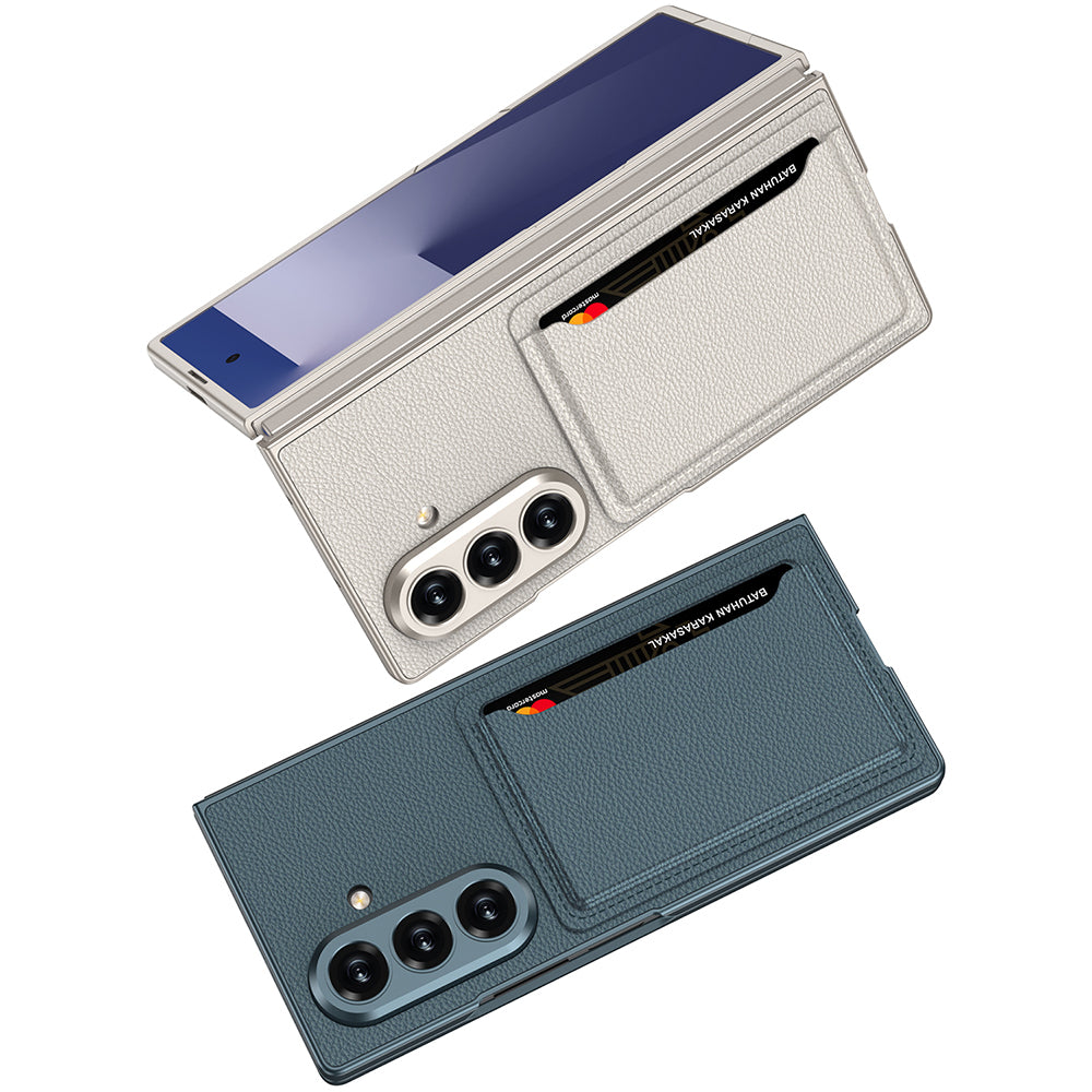 Galaxy Z Fold 7 Suni Deri Arka Yüzey Zore Kartlıklı Kıpta Silikon Kapak Siyah