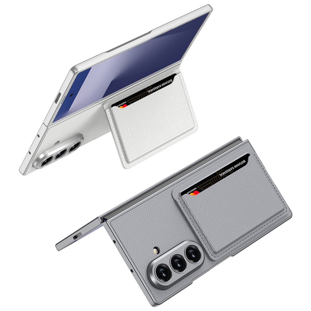 Galaxy Z Fold 7 Suni Deri Arka Yüzey Zore Kartlıklı Kıpta Silikon Kapak Gri