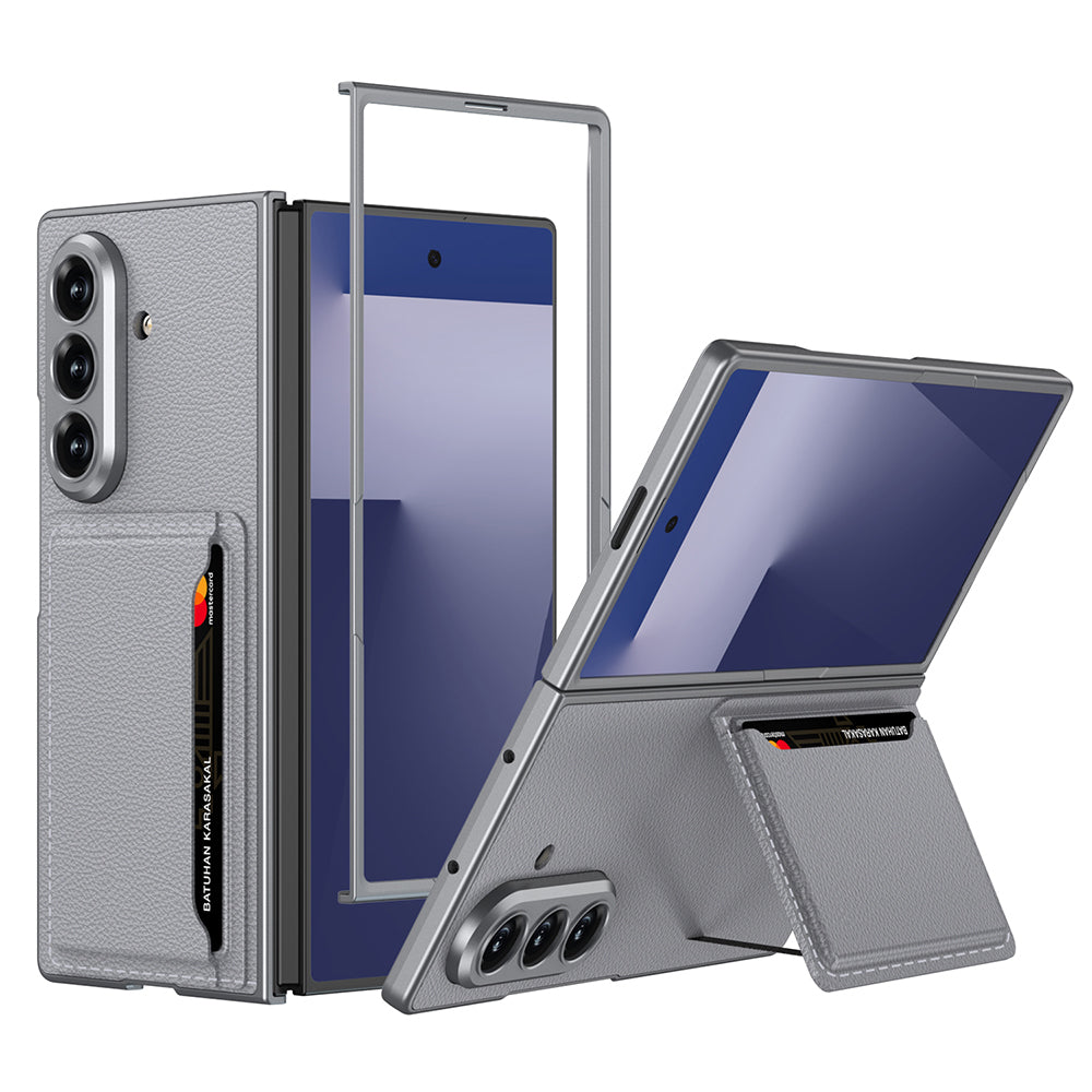 Galaxy Z Fold 7 Suni Deri Arka Yüzey Zore Kartlıklı Kıpta Silikon Kapak Gri