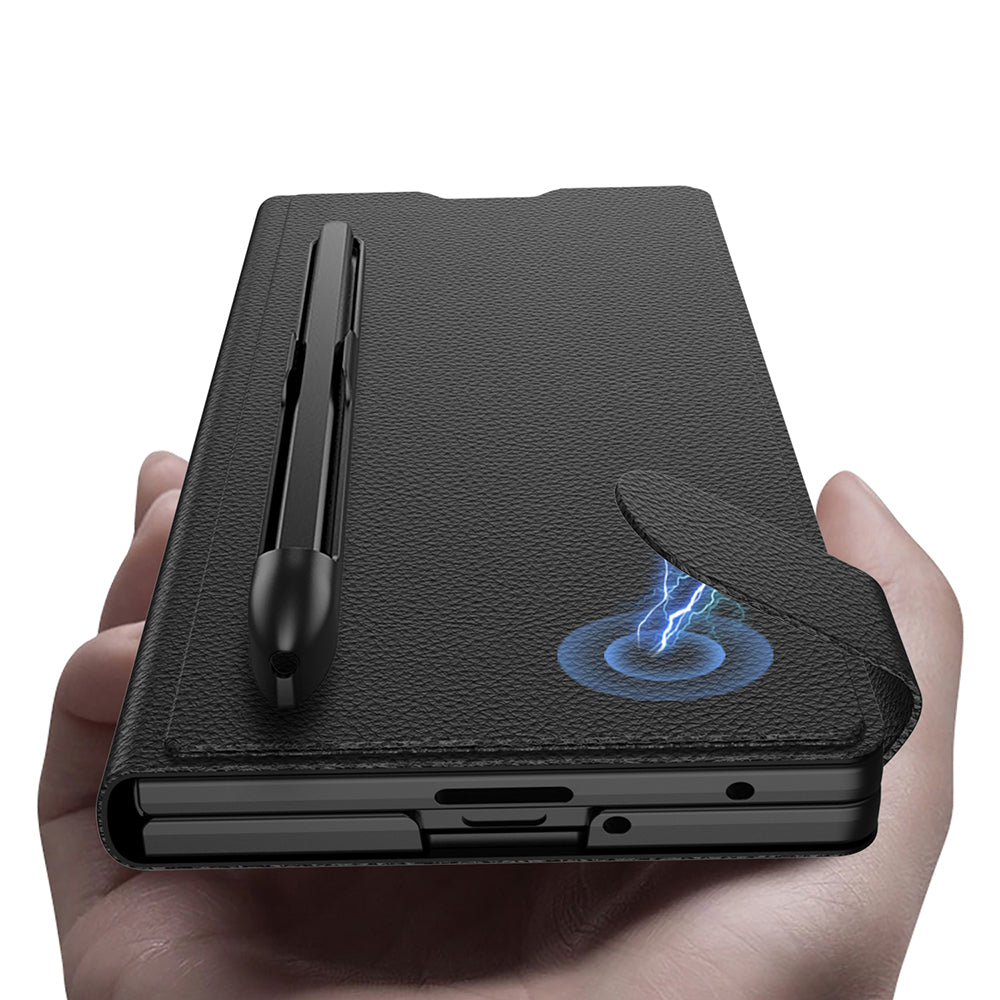 Galaxy Z Fold 7 Suni Deri Tasarımlı Kalem Bölmeli Zore Kıpta Kartlıklı Standlı Kapak Siyah