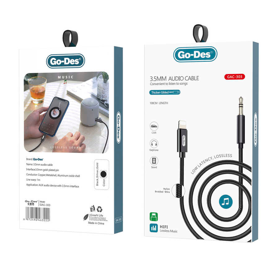 Go Des GAC-303 Lightning To 3.5mm Aux Cable Black