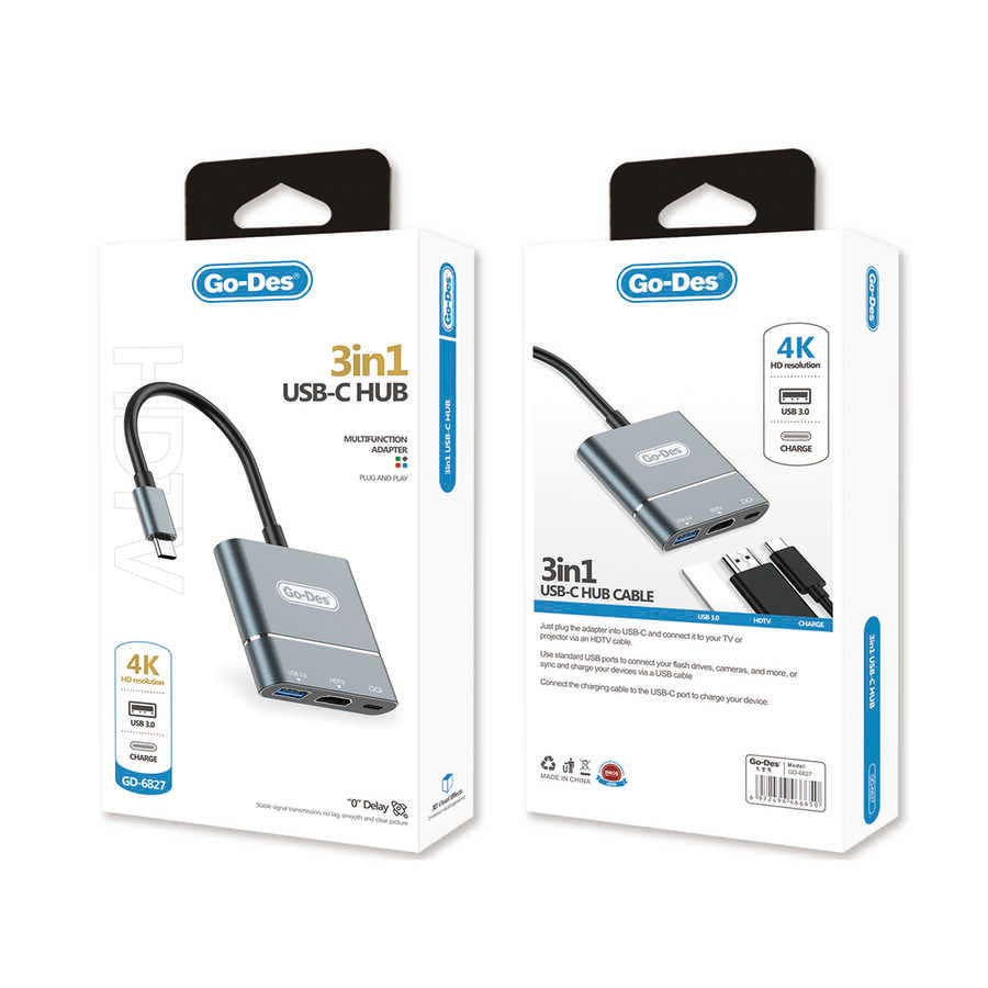 Go Des GD-6827 Type-C to HDTV 3 in 1 Converter Adapter Gray