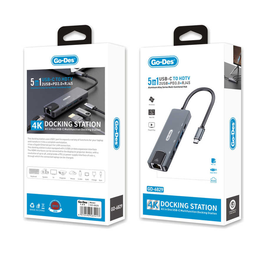 Go Des GD-6829 Type-c to HDTV 5 in 1 Converter Adapter Gray
