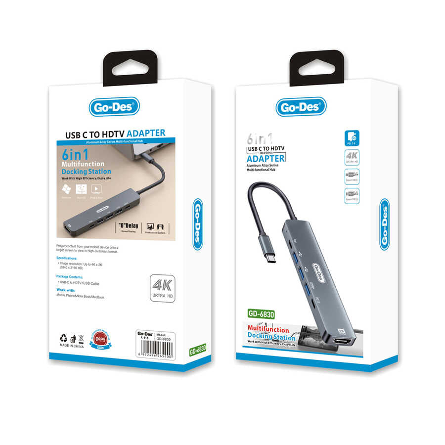 Go Des GD-6830 Type-c to HDTV 6 in 1 Converter Adapter Gray