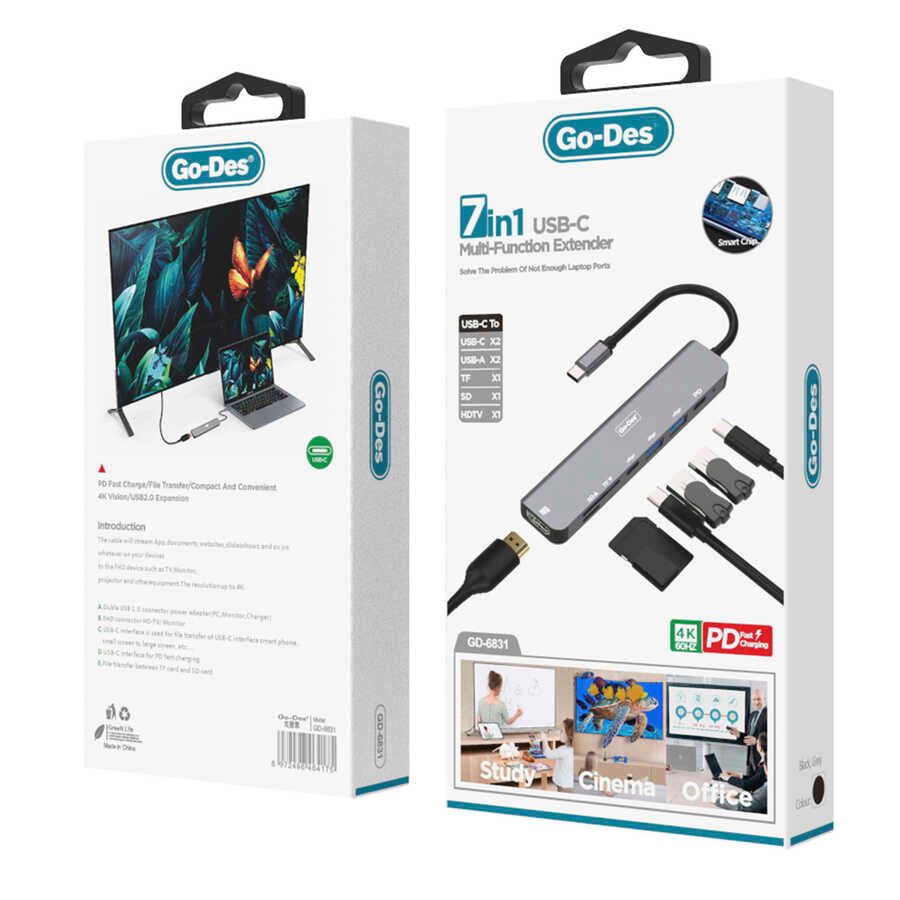 Go Des GD-6831 7 in 1 Type-C Hub Black 