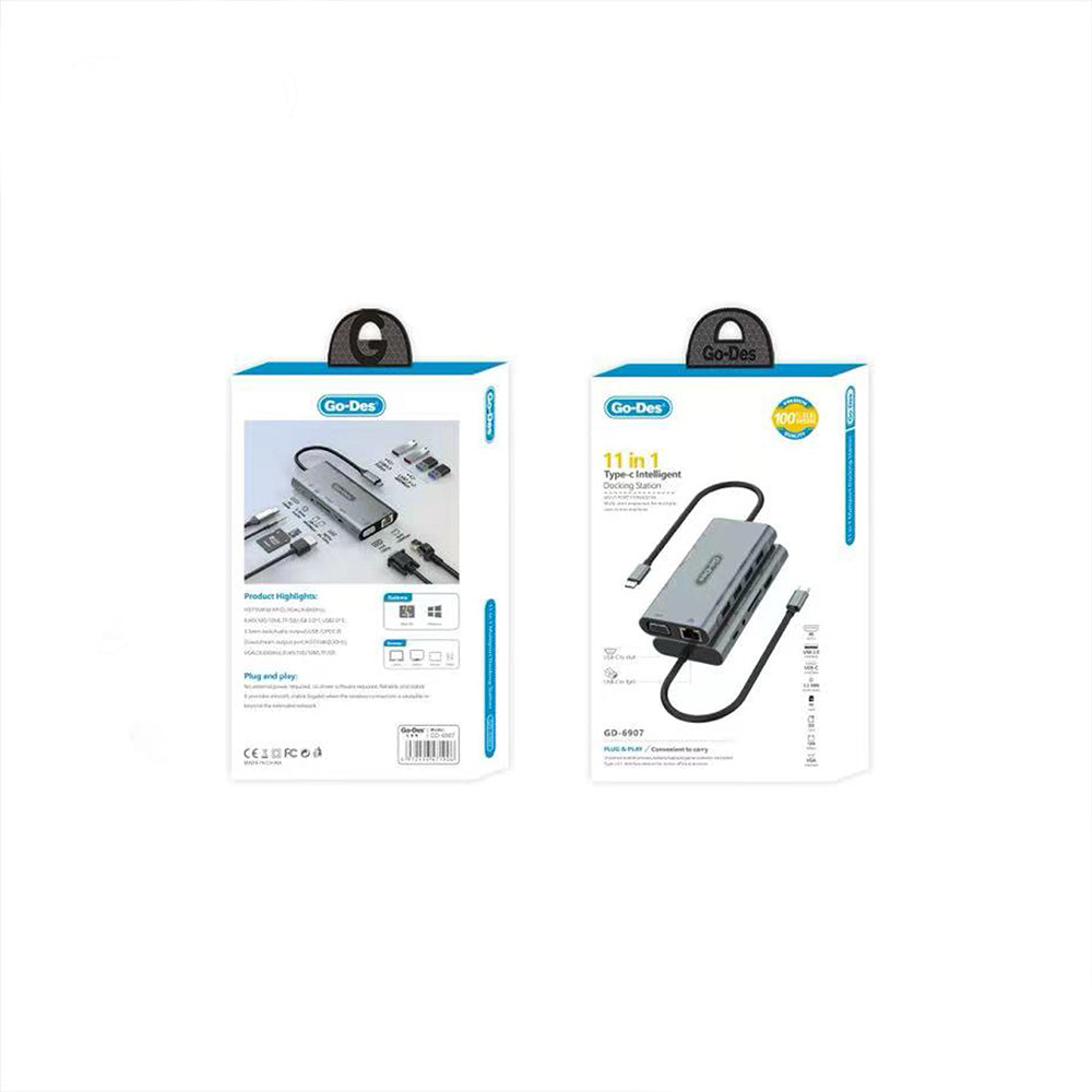 Go Des GD-6907 11 in 1 Type-C Hub SD Card-RJ45-HDMI-VGA-Usb Replicator Gray 