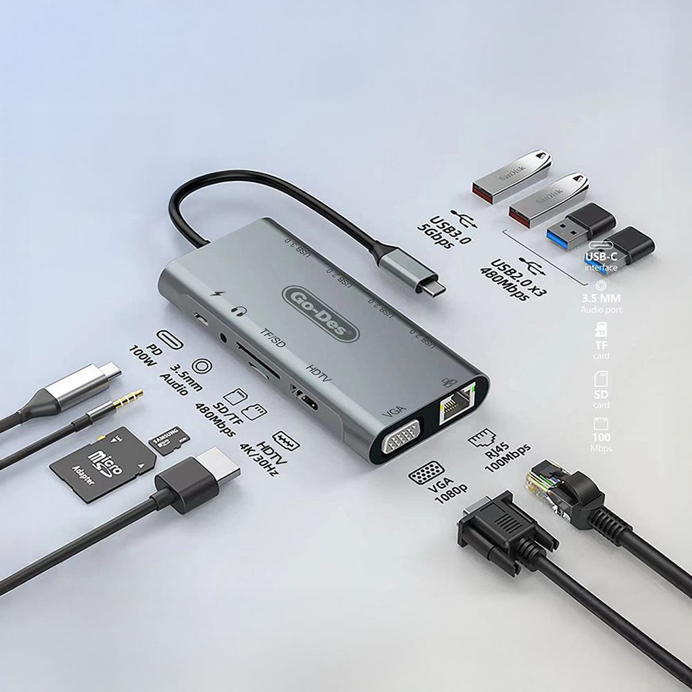 Go Des GD-6907 11 in 1 Type-C Hub SD Card-RJ45-HDMI-VGA-Usb Replicator Gray 