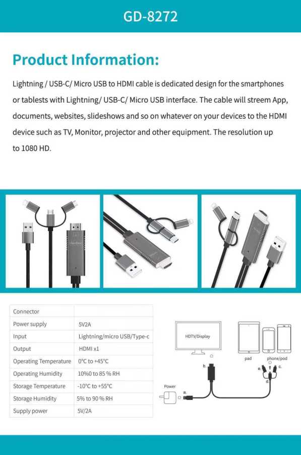 Go Des GD-8272 3 in 1 FHD Cable Black 
