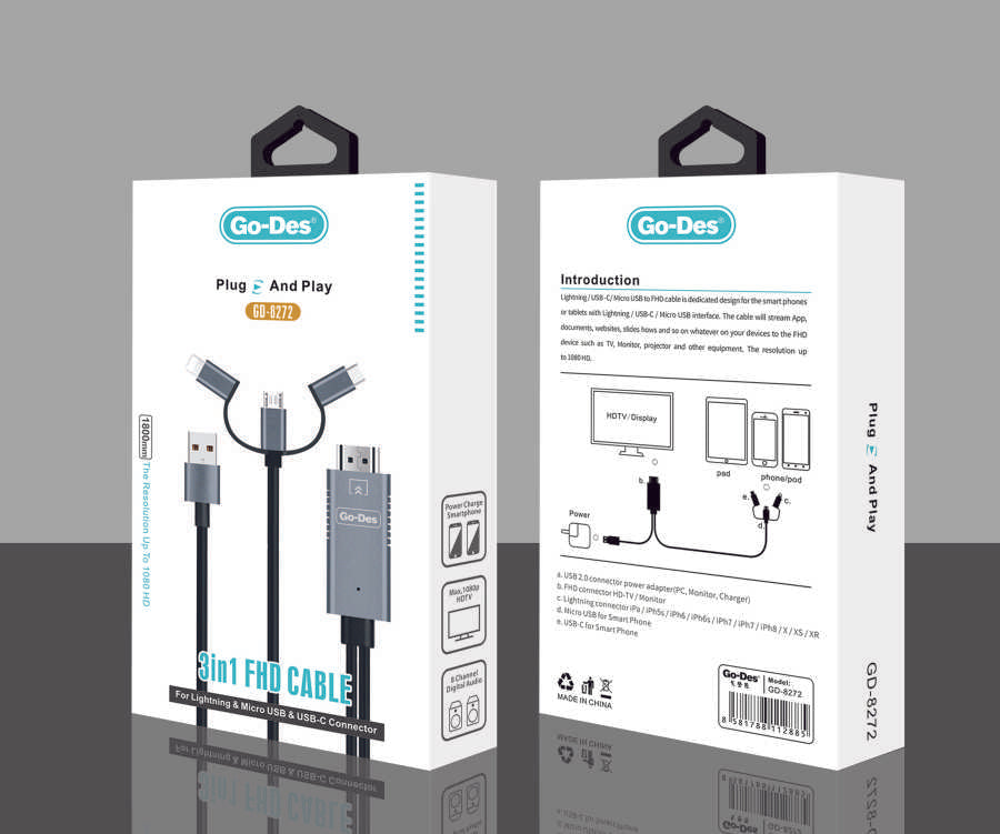 Go Des GD-8272 3 in 1 FHD Cable Black 