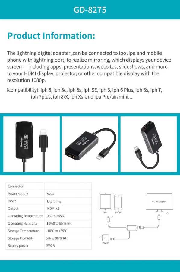 Go Des GD-8275 Lightning AV Cable Black