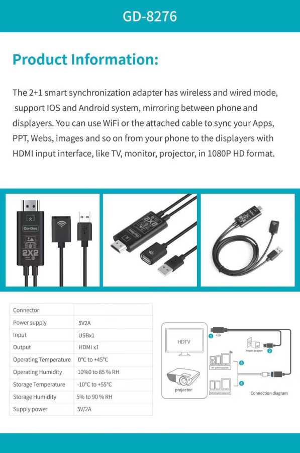 Go Des GD-8276 Wireless Display Dongle Phone Full HDTV Cable Black