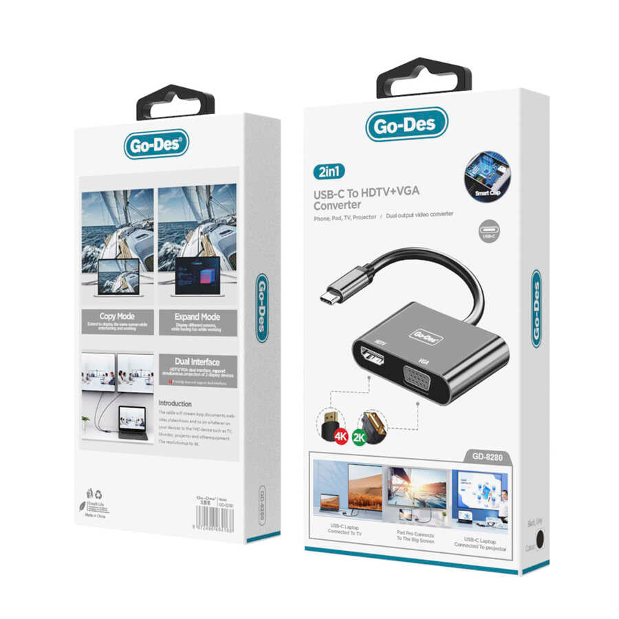 Go Des GD-8280 Type-C To HDTV+VGA Converter Black 
