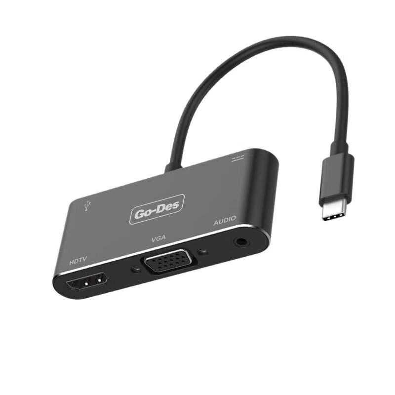 Go Des GD-8761 USB-C to HDTV-VGA Adapter Black