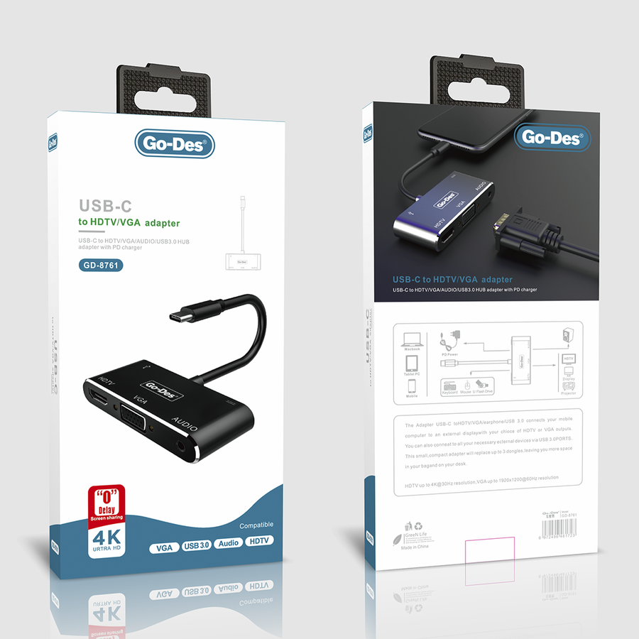 Go Des GD-8761 USB-C to HDTV-VGA Adapter Black