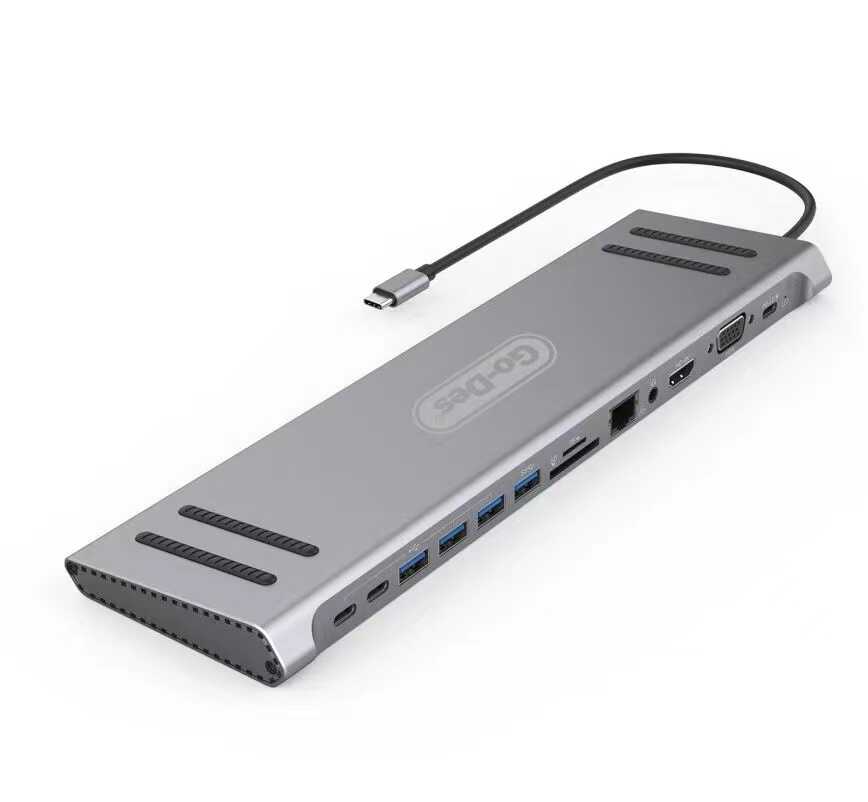 Go Des GD-9120 14 in 1 Stand Featured Type-C Hub SD Card-RJ45-HDMI-VGA-Usb Replicator Gray 