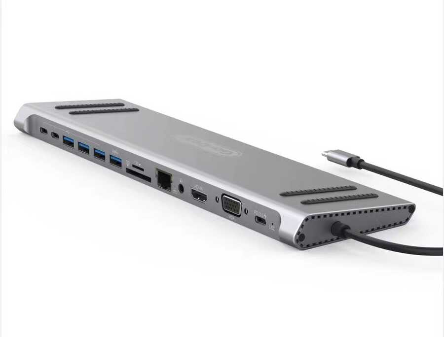 Go Des GD-9120 14 in 1 Stand Featured Type-C Hub SD Card-RJ45-HDMI-VGA-Usb Replicator Gray 