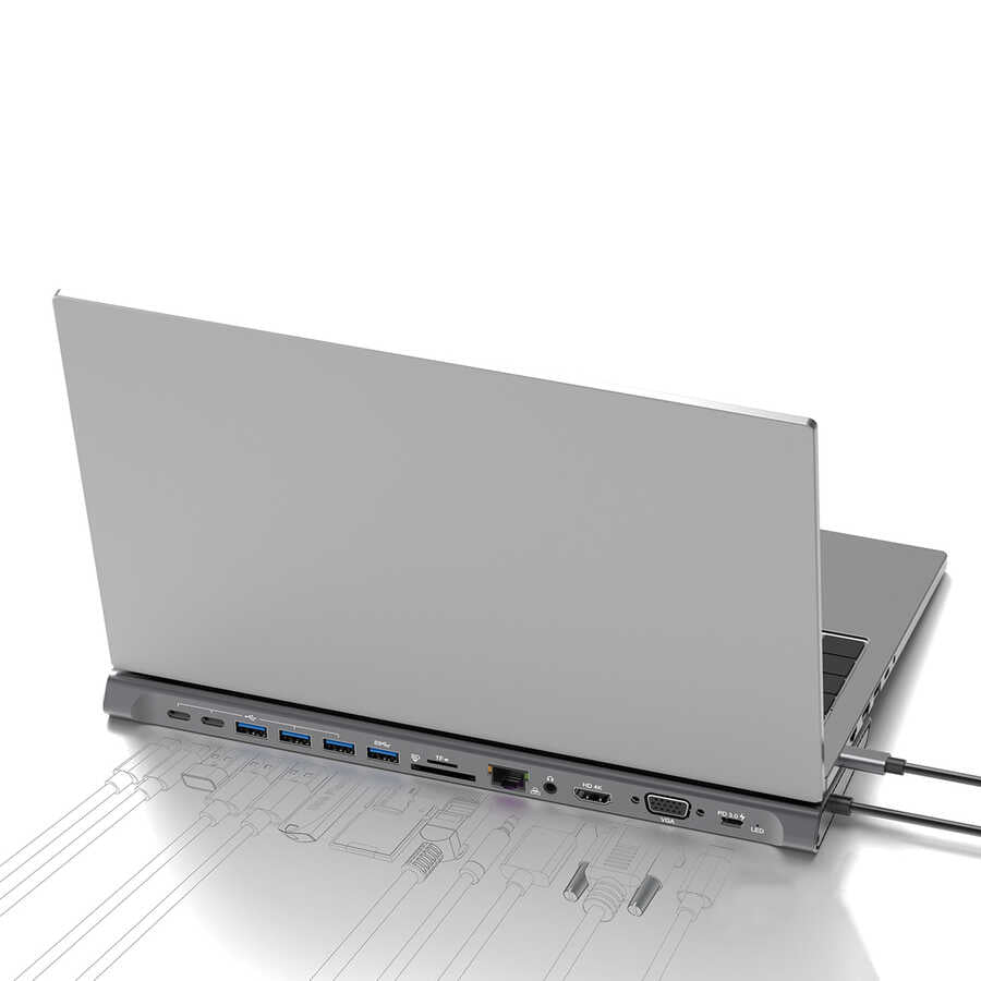Go Des GD-9120 14 in 1 Stand Featured Type-C Hub SD Card-RJ45-HDMI-VGA-Usb Replicator Gray 