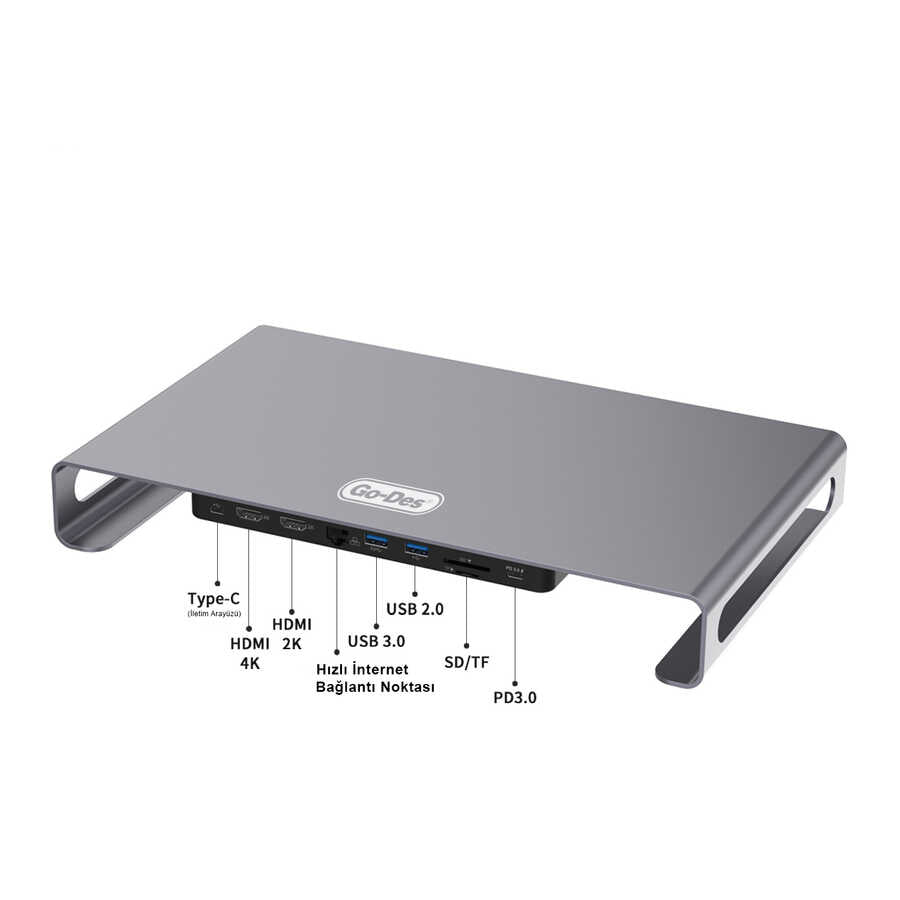 Go Des GD-9126 Hub Supported Laptop Stand Docking Station Stand Gray