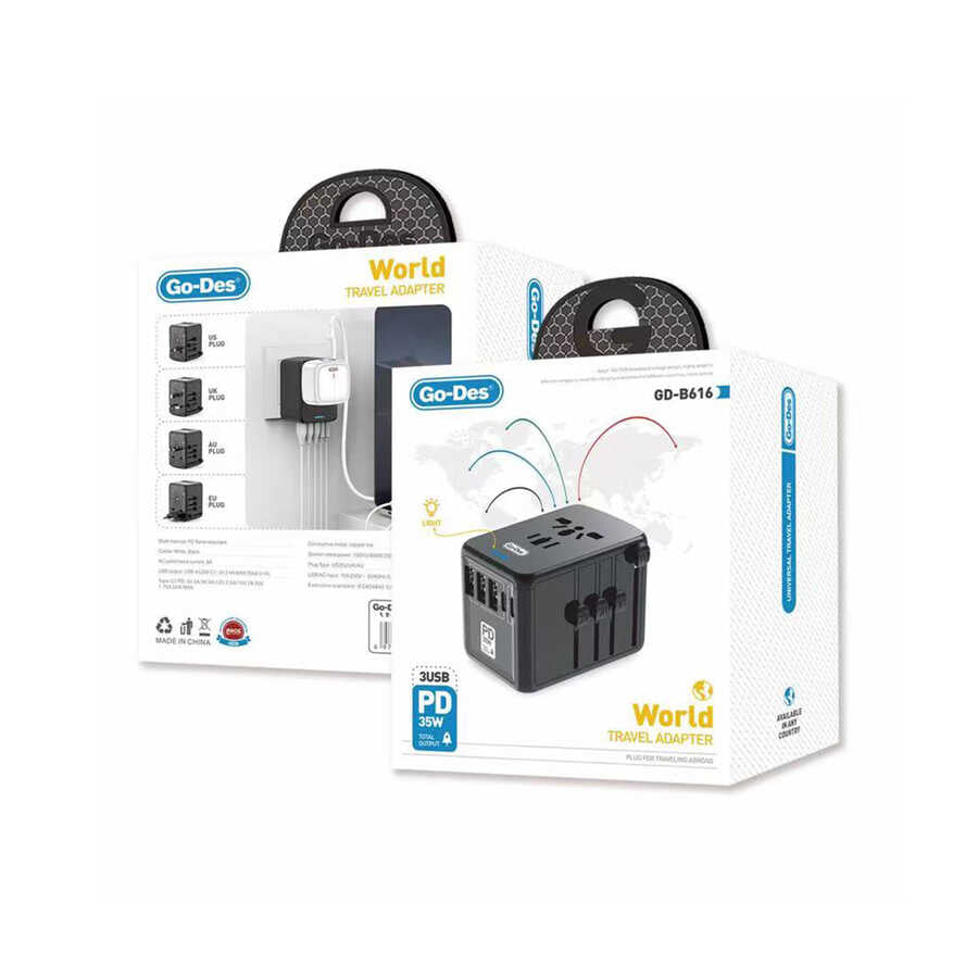 Go Des GD-B616 Multi Universal TR/US/UK/AUS/EU Compatible Charging Adapter Max 35W Black