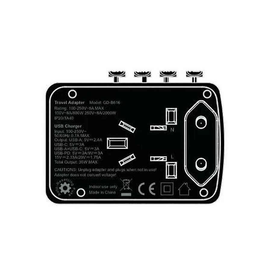 Go Des GD-B616 Multi Universal TR/US/UK/AUS/EU Compatible Charging Adapter Max 35W Black