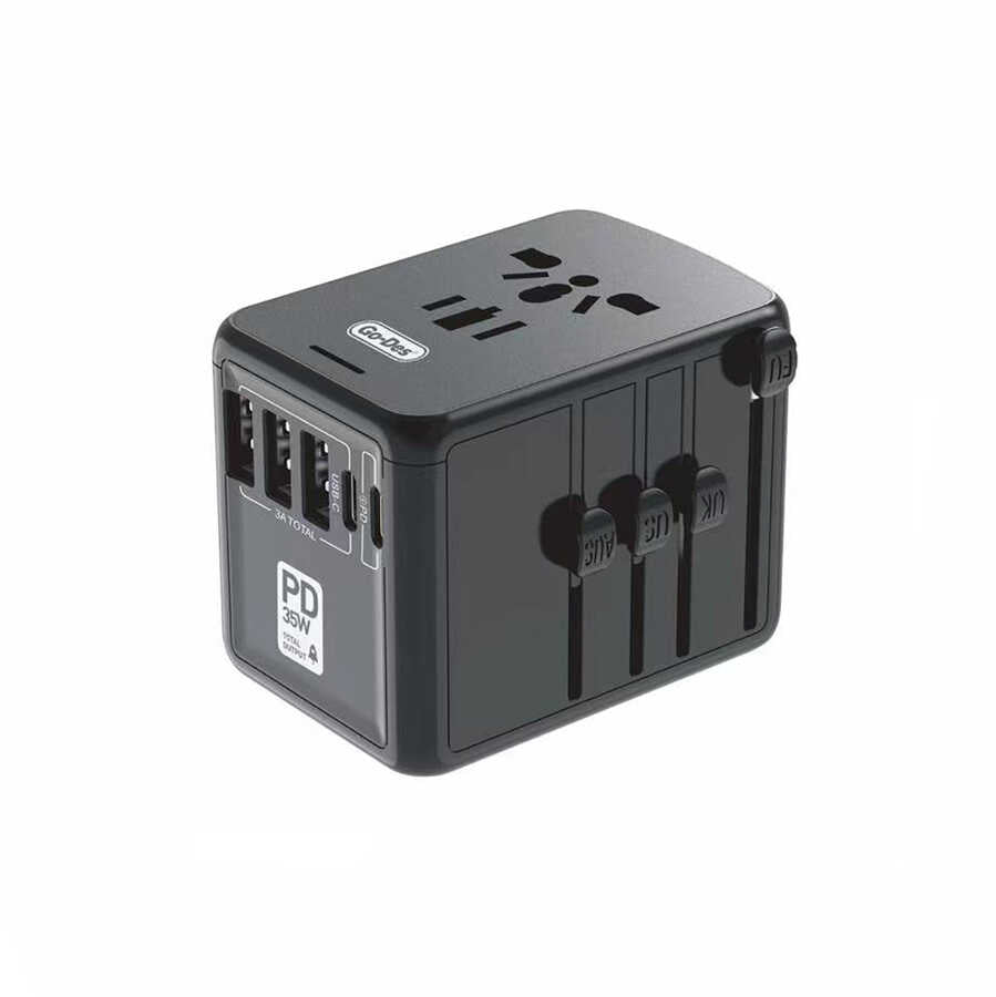 Go Des GD-B616 Multi Universal TR/US/UK/AUS/EU Compatible Charging Adapter Max 35W Black