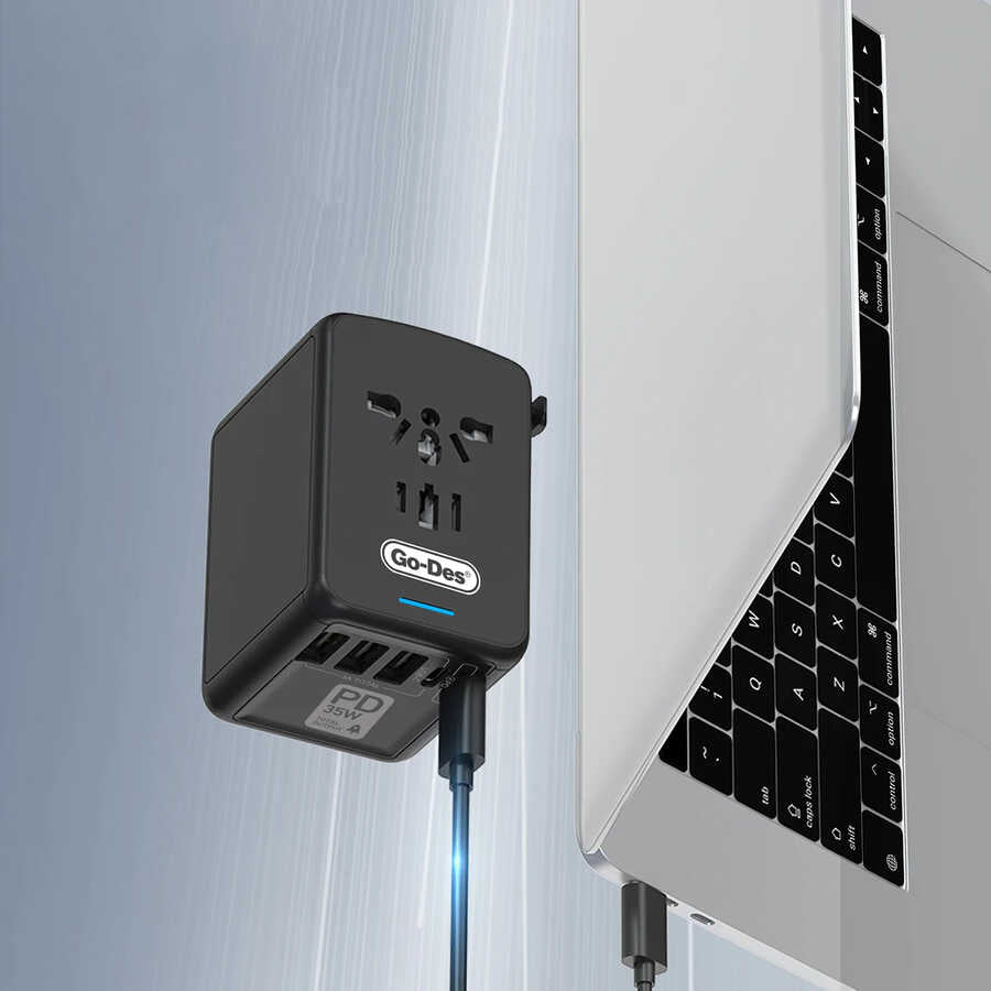 Go Des GD-B616 Multi Universal TR/US/UK/AUS/EU Compatible Charging Adapter Max 35W Black