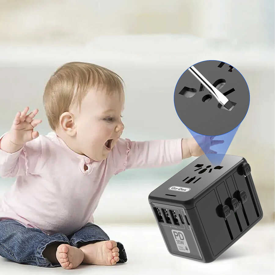 Go Des GD-B616 Multi Universal TR/US/UK/AUS/EU Compatible Charging Adapter Max 35W Black