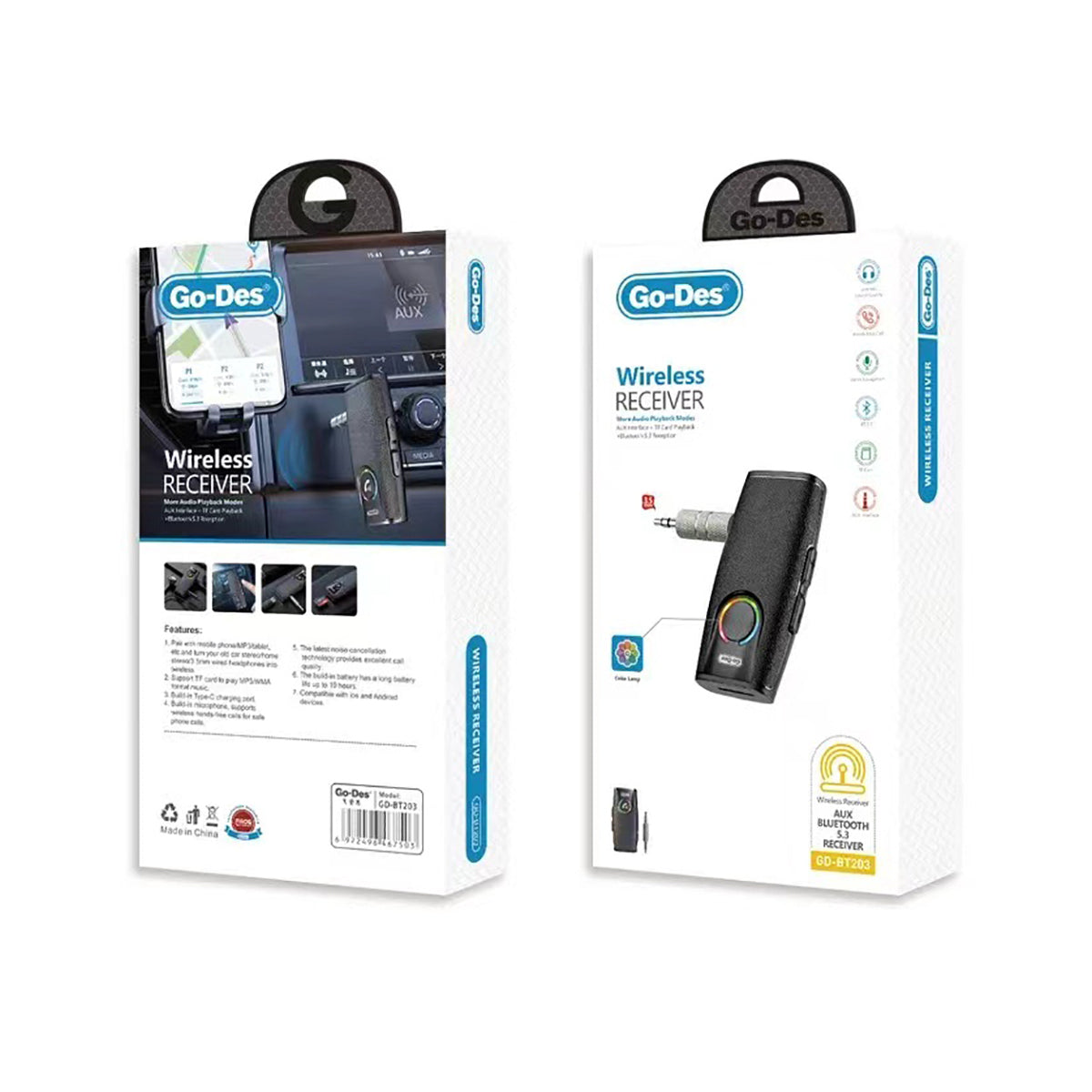 Go Des GD-BT203 Wireless Audio Receiver Aux Input Bluetooth 5.3 Adapter Black