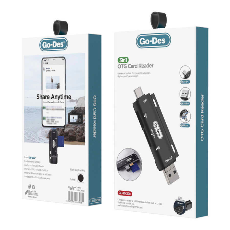 Go Des GD-DK108 3 in 1 OTG Memory Card Reader Black 