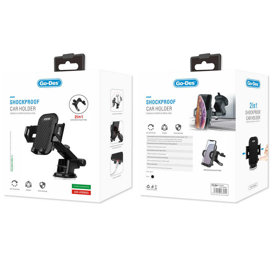 Go Des GD-HD693 2 in 1 Car Phone Holder Black 