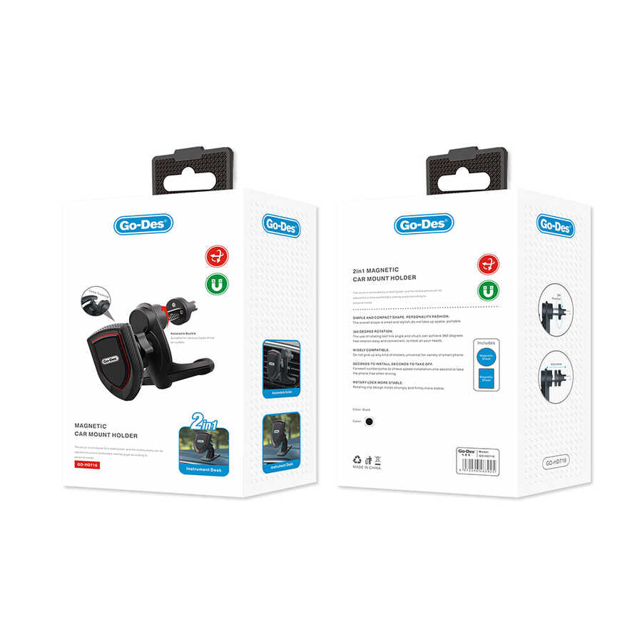 Go Des GD-HD716 2 in 1 Magnetic Car Phone Holder Black