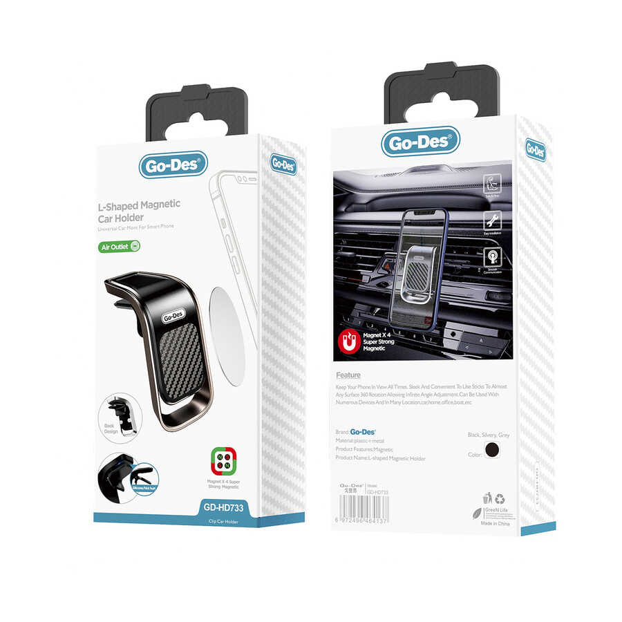 Go Des GD-HD733 L-Shaped Magnetic Car Phone Holder Black 