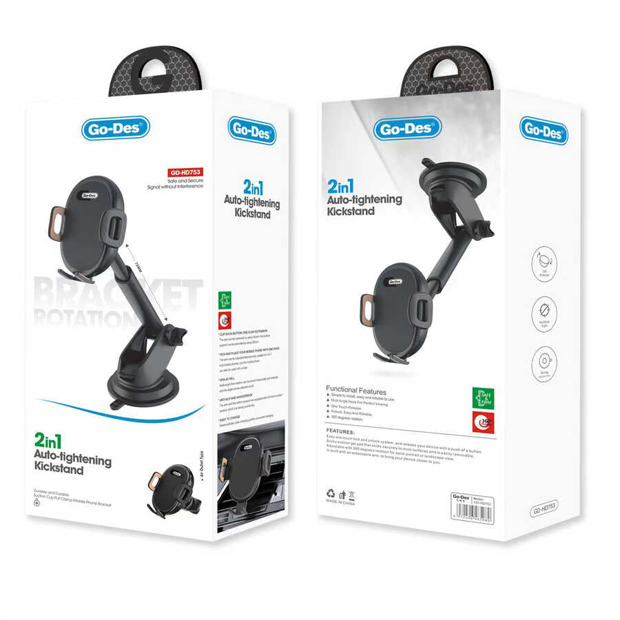 Go Des GD-HD753 2 in 1 Car Phone Holder Black 