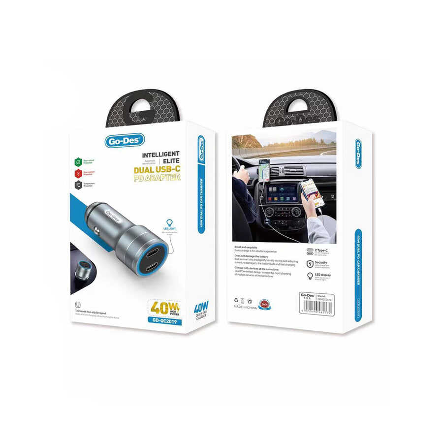 Go Des GD-QC2019 Dual PD Output Metal Car Charger Head with LED Light 40W Black 