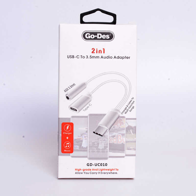 Go Des GD-UC010 2 in 1 USB-C to 3.5mm Audio Adapter Gray