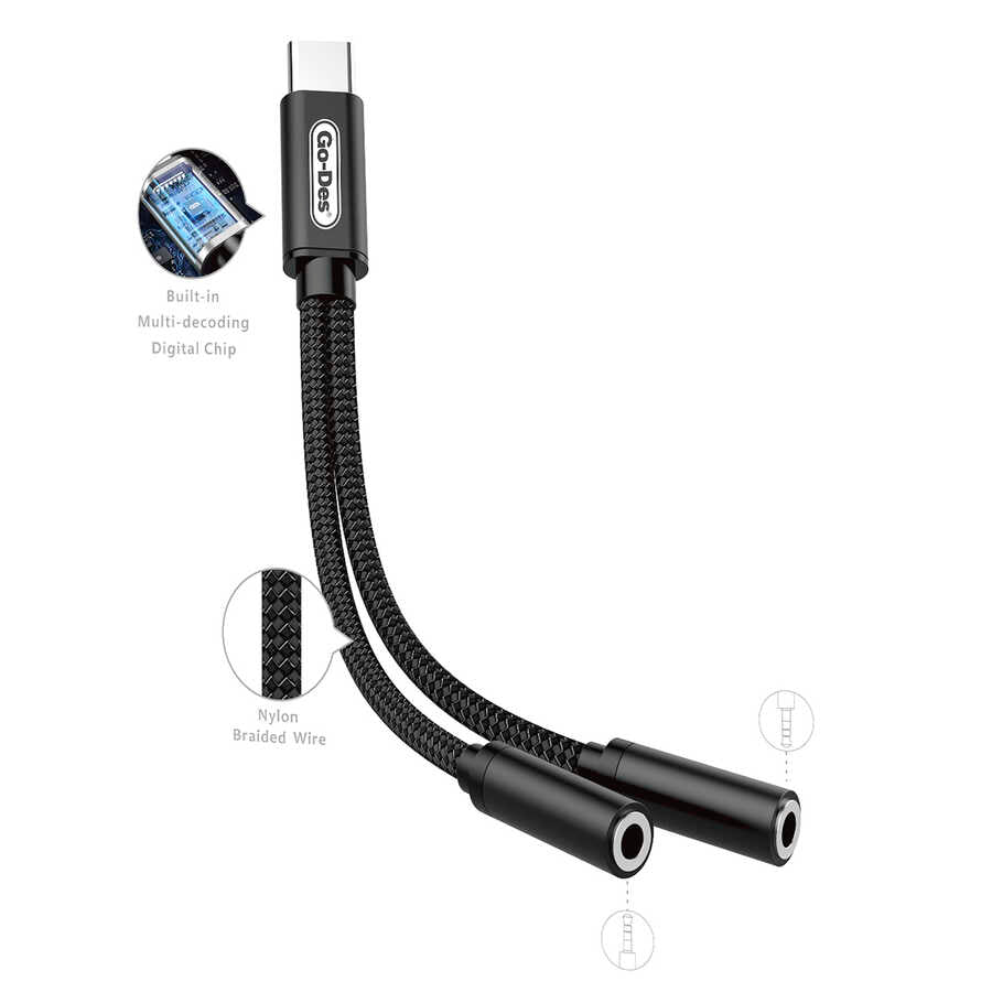 Go Des GD-UC037 Type-C to Double 3.5mm Converter Black 