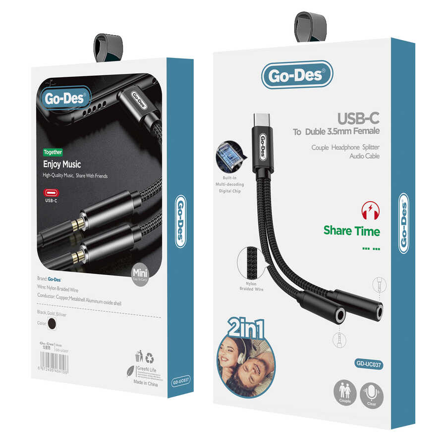 Go Des GD-UC037 Type-C to Double 3.5mm Converter Black 