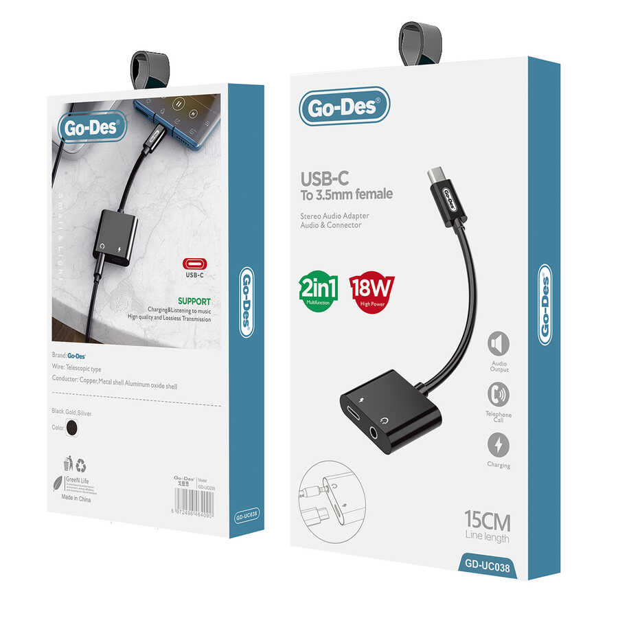 Go Des GD-UC038 Type-C to 3.5mm Converter Black