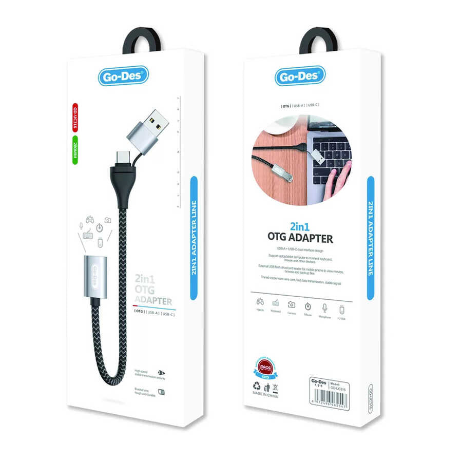 Go Des GD-UC316 2 in 1 Type-C and USB Interface OTG Cable Black 