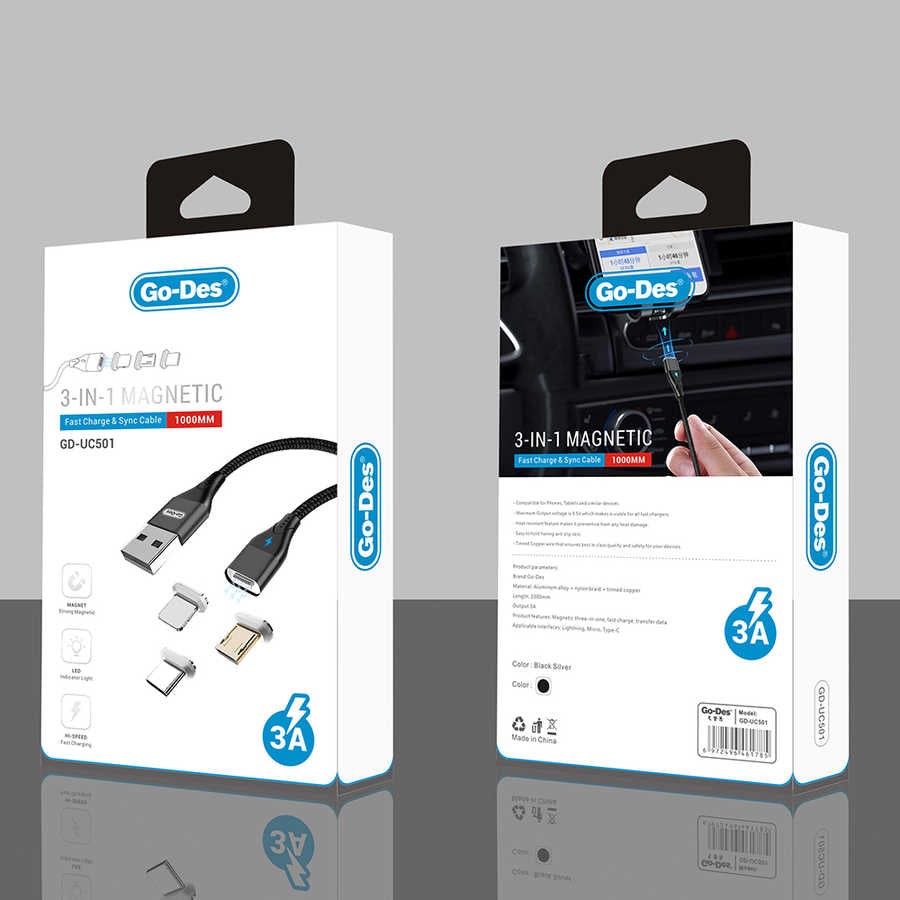 Go Des GD-UC501 3 in 1 Magnetic Fast Charger &amp; SYNC Cable Black