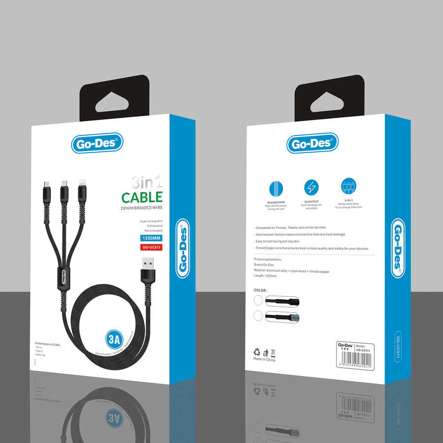 Go Des GD-UC511 3 in 1 USB Cable Black