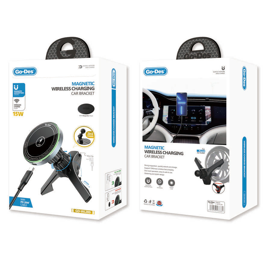 Go Des GD-WL289 Magnetic Wireless Wireless Charging 2 in 1 Car Phone Holder Black 