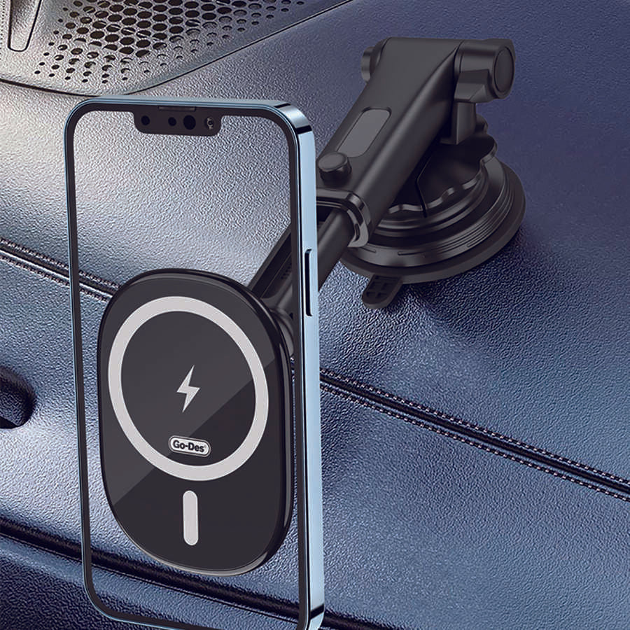 Go Des GD-WL398 Magnetic Wireless Charging 2 in 1 Phone Holder Suction Cup Design Black