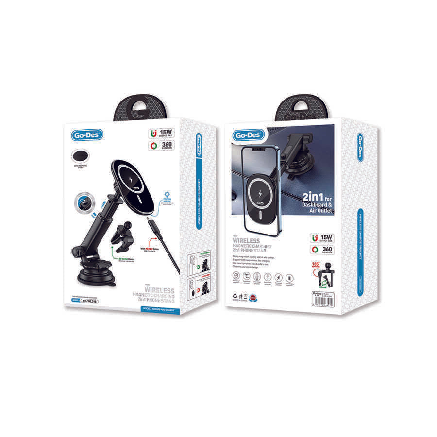 Go Des GD-WL398 Magnetic Wireless Charging 2 in 1 Phone Holder Suction Cup Design Black