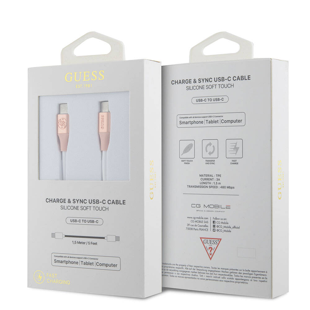 Guess Original Licensed 4G and Text Logo Illuminated Cable Tip Fast Charging Type-C to Type-C PD Cable 3A 1.5m Pink 