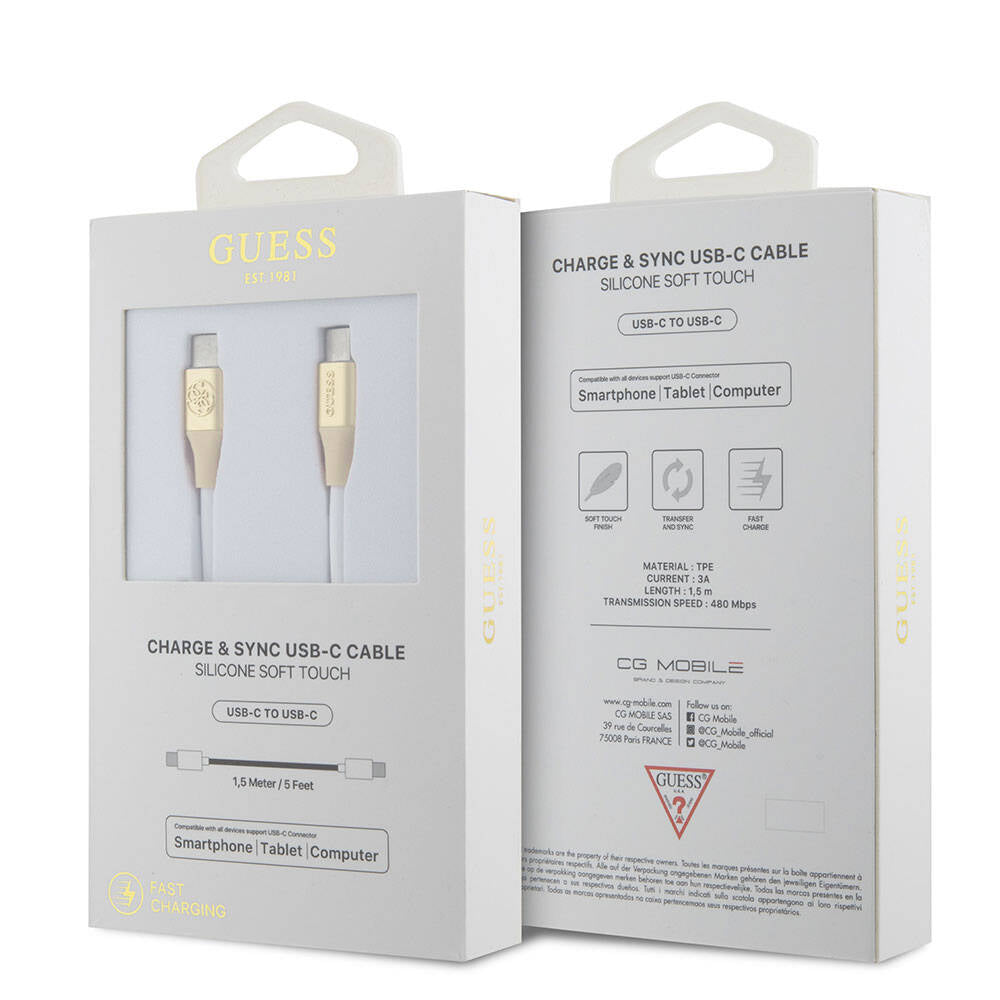 Guess Original Licensed 4G and Text Logo Illuminated Cable Tip Fast Charging Type-C to Type-C PD Cable 3A 1.5m Pink 