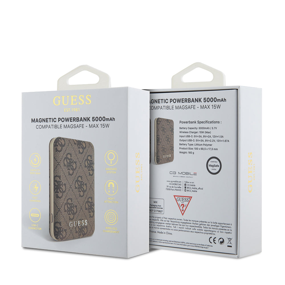 Guess Orjinal Lisanslı Dijital Led Göstergeli PU Deri 4G Desenli Metal Yazı Logolu Powerbank 5000mAh 15W Kahverengi