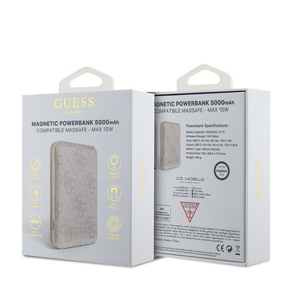 Guess Orjinal Lisanslı Dijital Led Göstergeli PU Deri 4G Desenli Metal Yazı Logolu Powerbank 5000mAh 15W Mavi