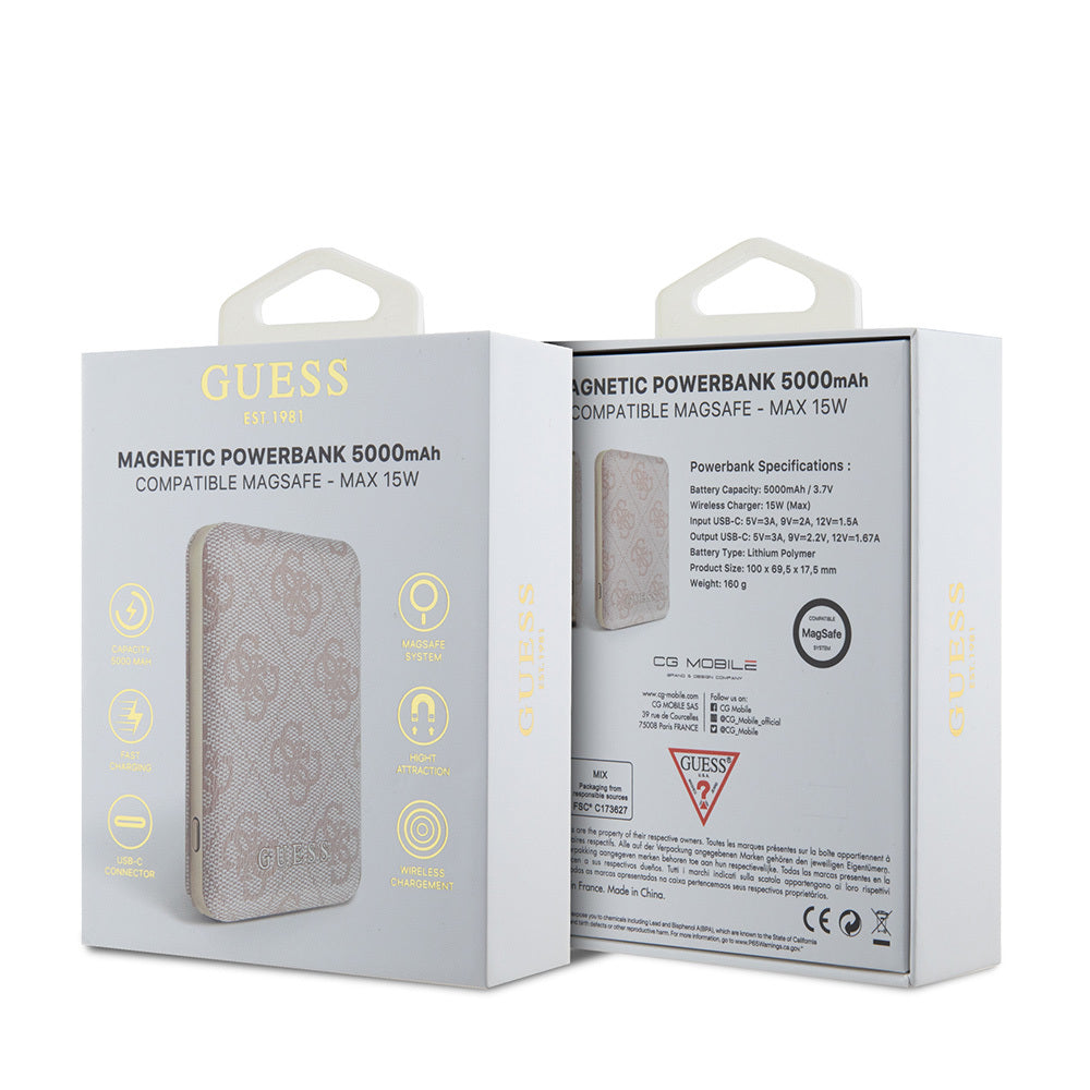 Guess Orjinal Lisanslı Dijital Led Göstergeli PU Deri 4G Desenli Metal Yazı Logolu Powerbank 5000mAh 15W Kahverengi